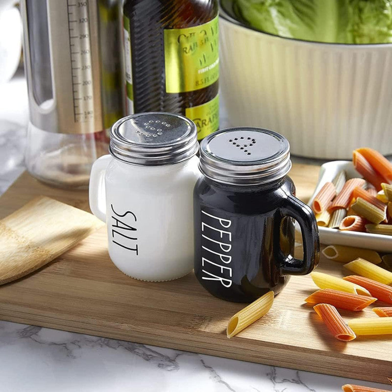 Salt and Pepper Shaker Set, Glass Black and White Shaker Set with Stainless Steel Lid