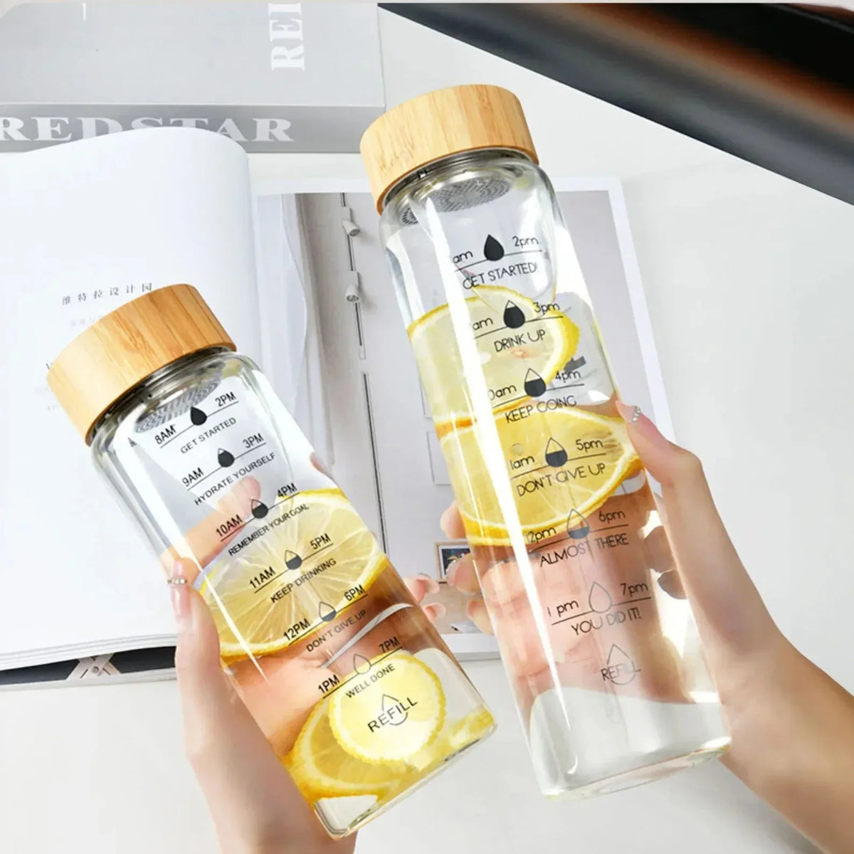 Glass Water Bottle with Time Marker