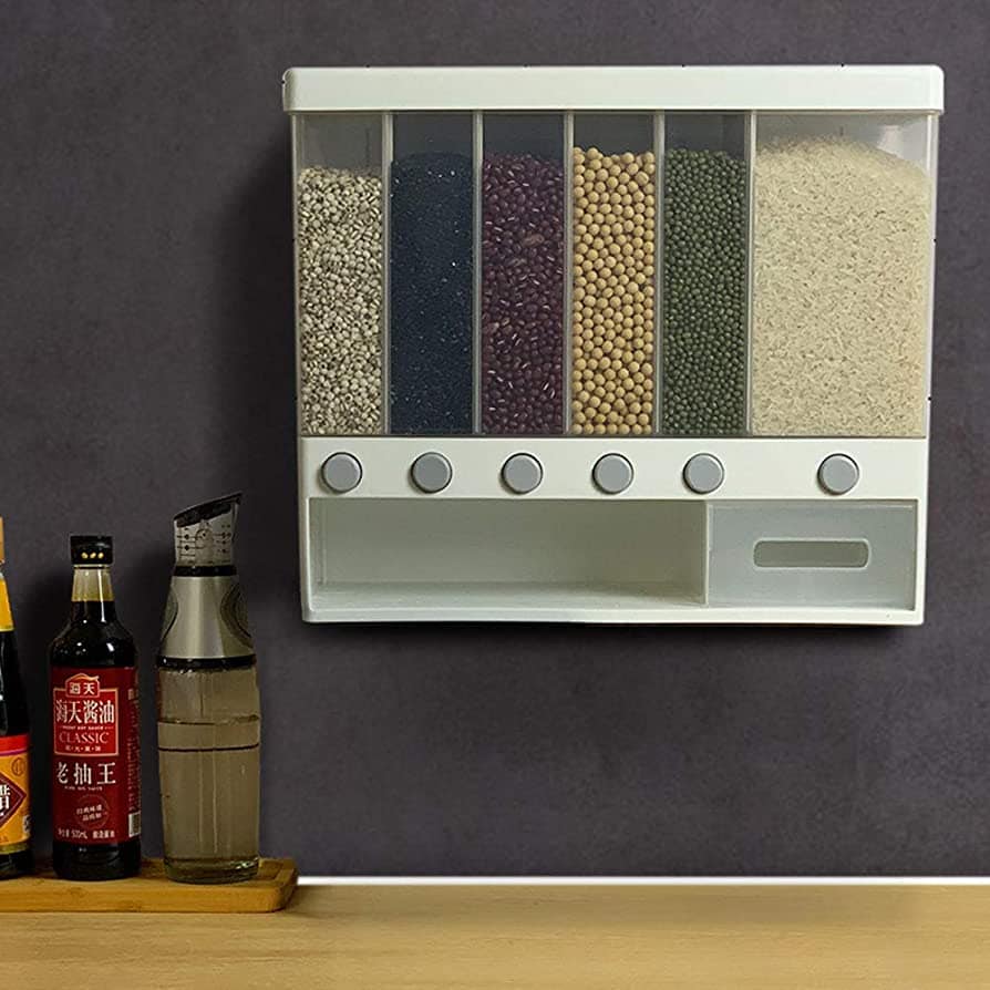 Wall Mounted Container Set - Cereal/Dry Food Dispenser For Kitchen - 6 Grid Space Saving Food Storage Containers