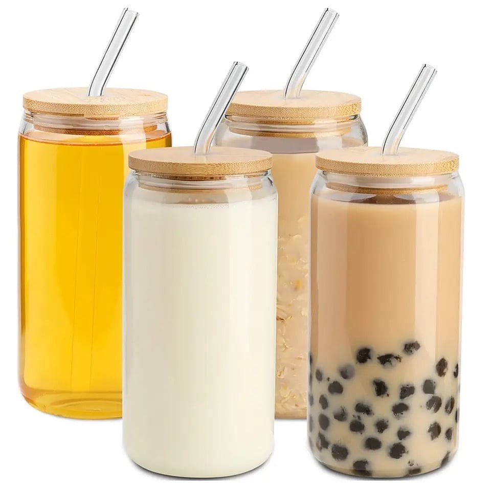 Bubble Tea Glass Cup 500ml with Bamboo Lid and Straw | Multipurpose Tumbler for Coffee, Juice, and Beverages