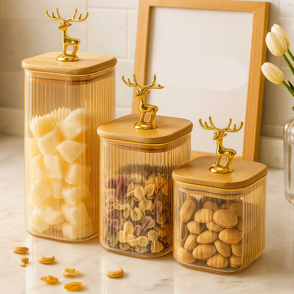 3-Piece Glass Jar Set with Wooden Stand – Elegant Kitchen Storage