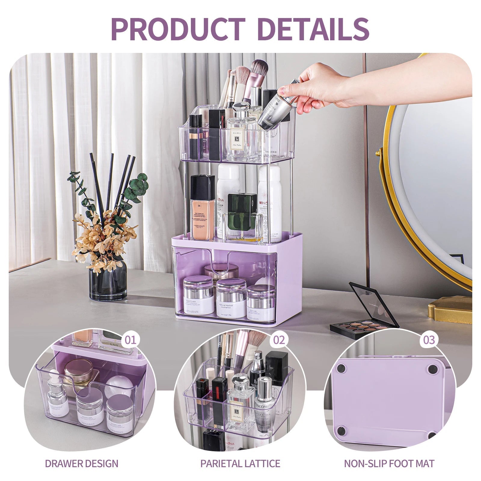 Luxury 3-Tier Cosmetic & Skincare Organizer with Dustproof Cover