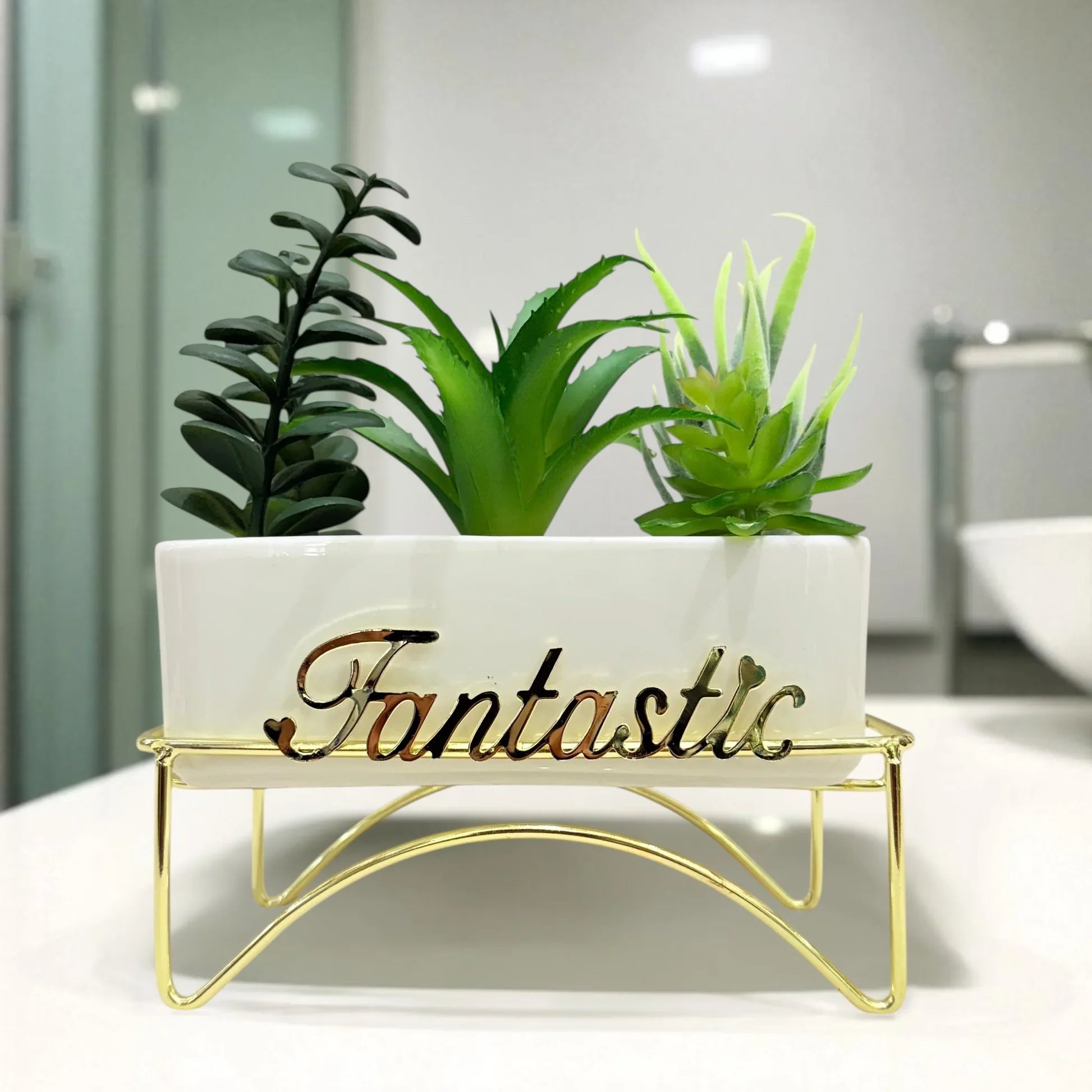 Fantastic Elegance Artificial Succulent Trio with Golden Stand