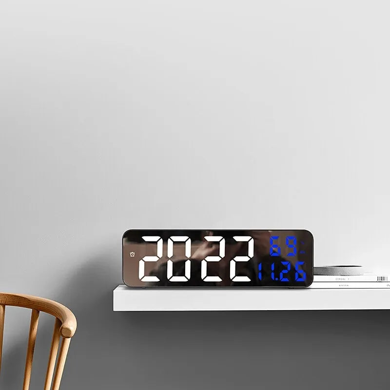 Digital Alarm Clock, LED Mirror Desk/Wall Clock with Temperature and Date Display