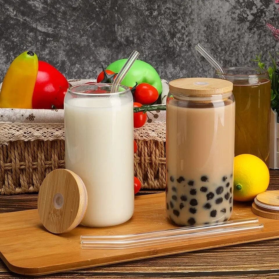 Bubble Tea Glass Cup 500ml with Bamboo Lid and Straw | Multipurpose Tumbler for Coffee, Juice, and Beverages