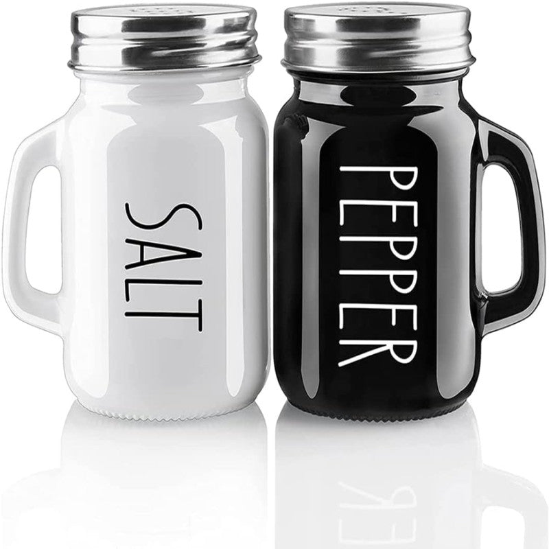 Salt and Pepper Shaker Set, Glass Black and White Shaker Set with Stainless Steel Lid