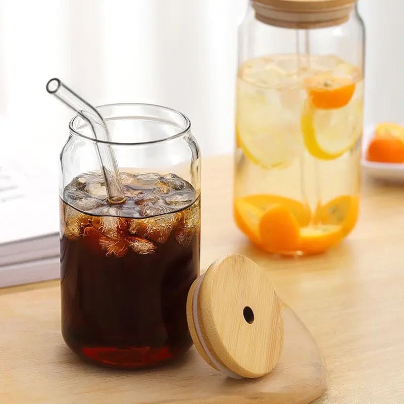 Bubble Tea Glass Cup 500ml with Bamboo Lid and Straw | Multipurpose Tumbler for Coffee, Juice, and Beverages