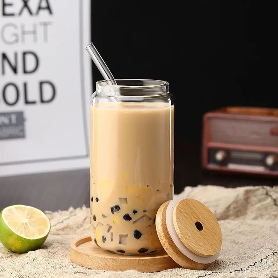 Bubble Tea Glass Cup 500ml with Bamboo Lid and Straw | Multipurpose Tumbler for Coffee, Juice, and Beverages