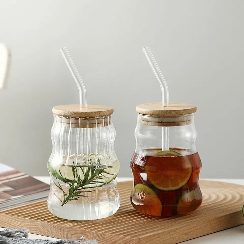 Volcano Glass Mug | Bamboo Lid & Straw – Iced Coffee, Juice & Cocktail Cup