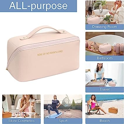 Classy Cosmetic Bag, Portable Leather Makeup Pouch, Waterproof Travel Washbag, Large Opening Makeup Bag, Multifunctional Leather Organizer Bag With Dividers And Handle, Lay Flat Large Opening Makeup Bag