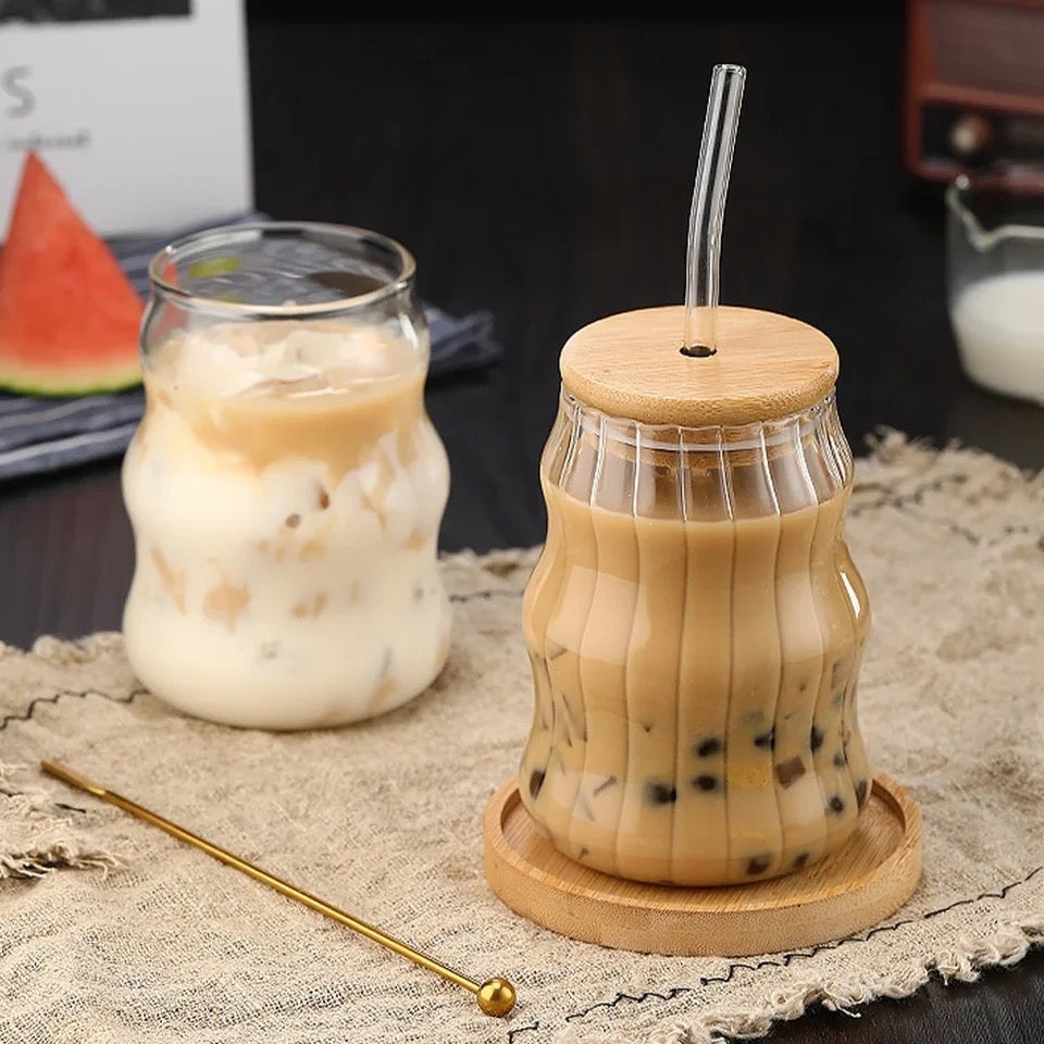 Volcano Glass Mug | Bamboo Lid & Straw – Iced Coffee, Juice & Cocktail Cup
