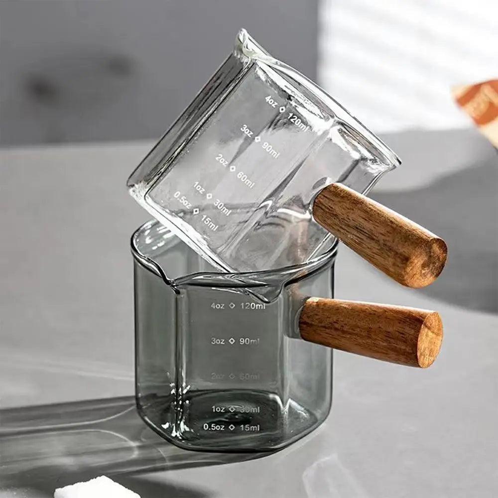 Heat-Resistant Glass Measuring Cup with Wooden Handle for Easy Pouring