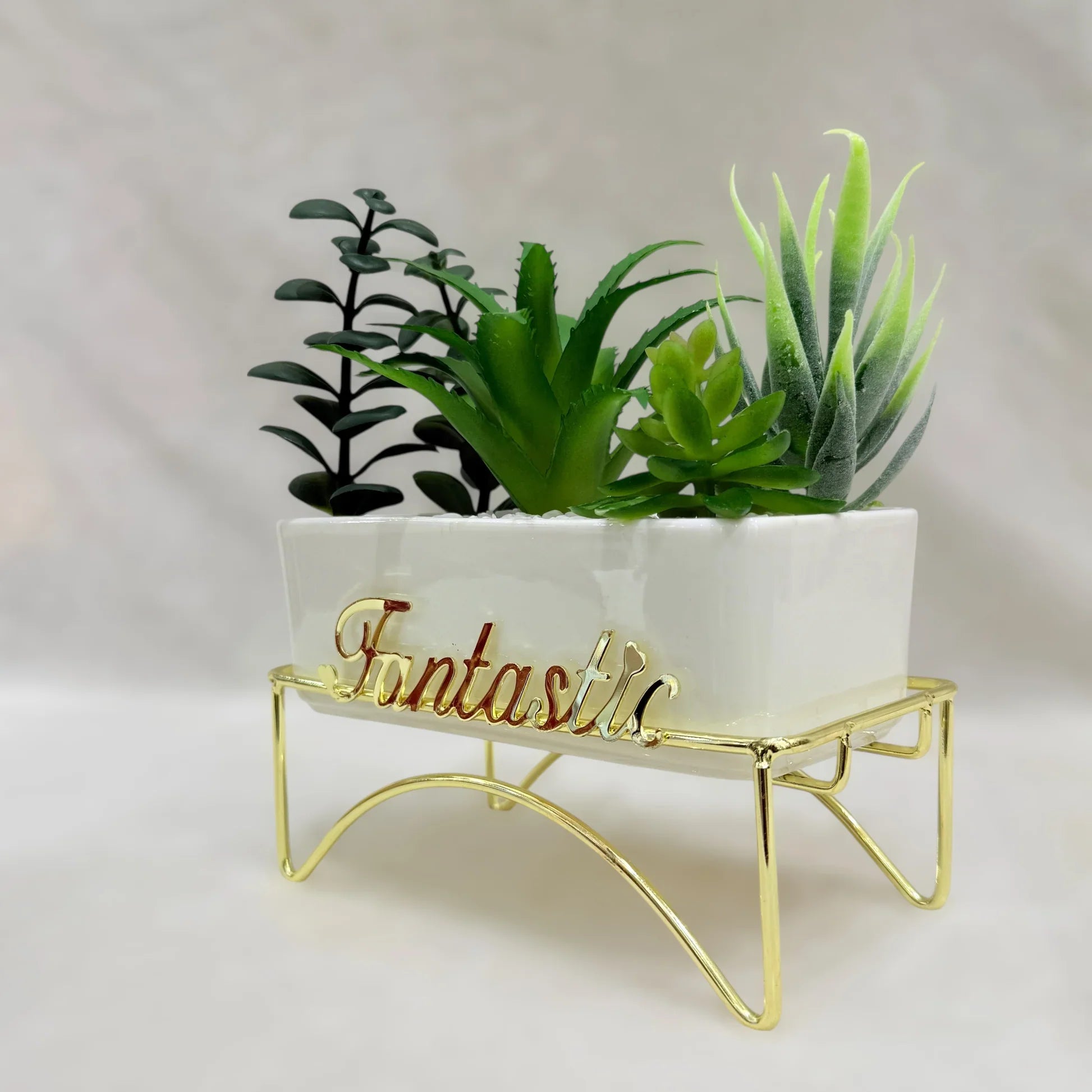 Fantastic Elegance Artificial Succulent Trio with Golden Stand