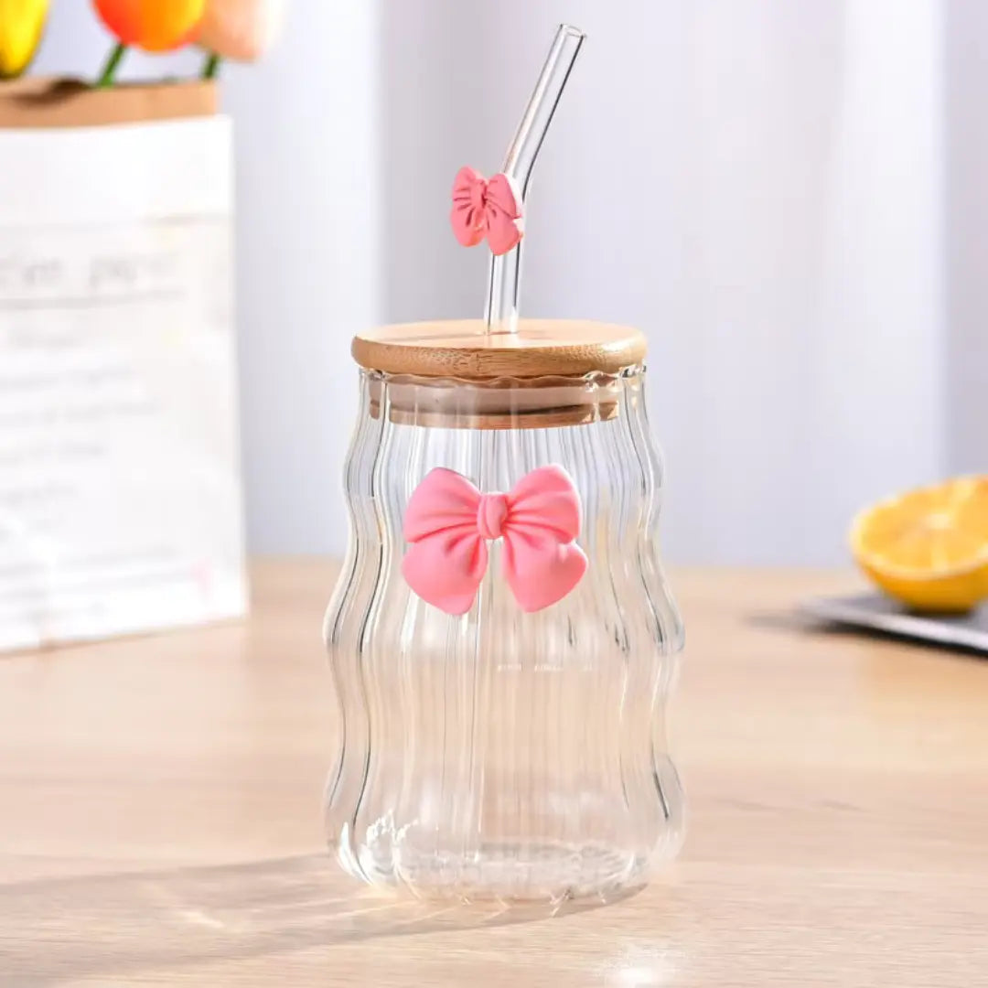 Bow Glass Mug with Wooden Lid & Straw