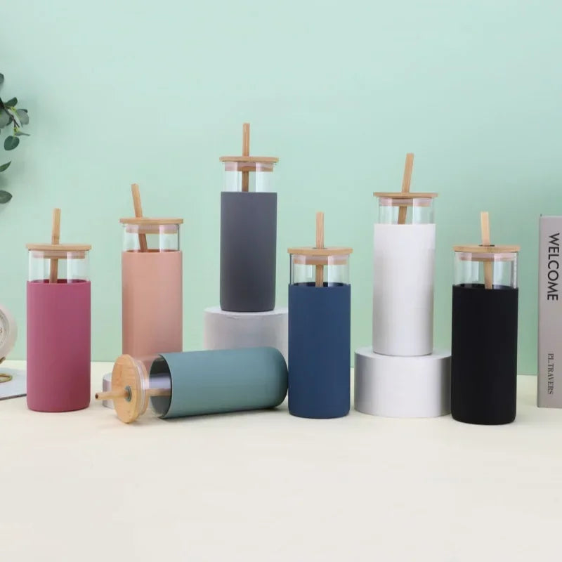 Glass Tumbler with Bamboo Lid With Random Color Cover