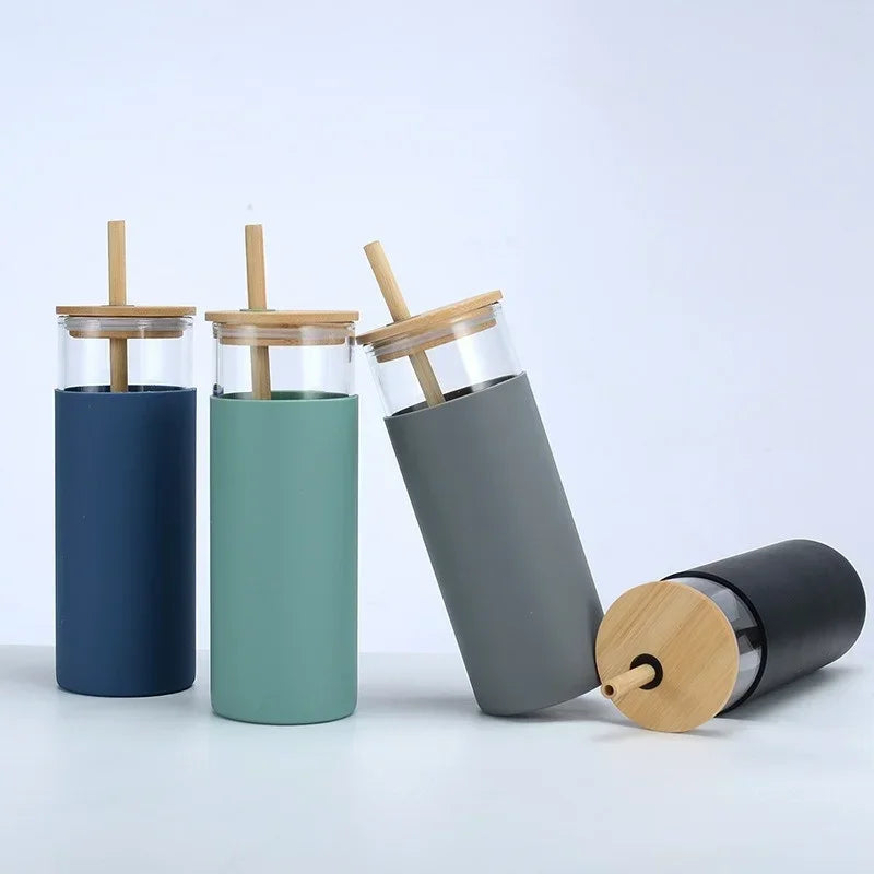 Glass Tumbler with Bamboo Lid With Random Color Cover