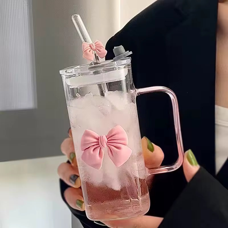 Cute Doodle Bow Glass Cup – Coffee, Tea & Juice Mug