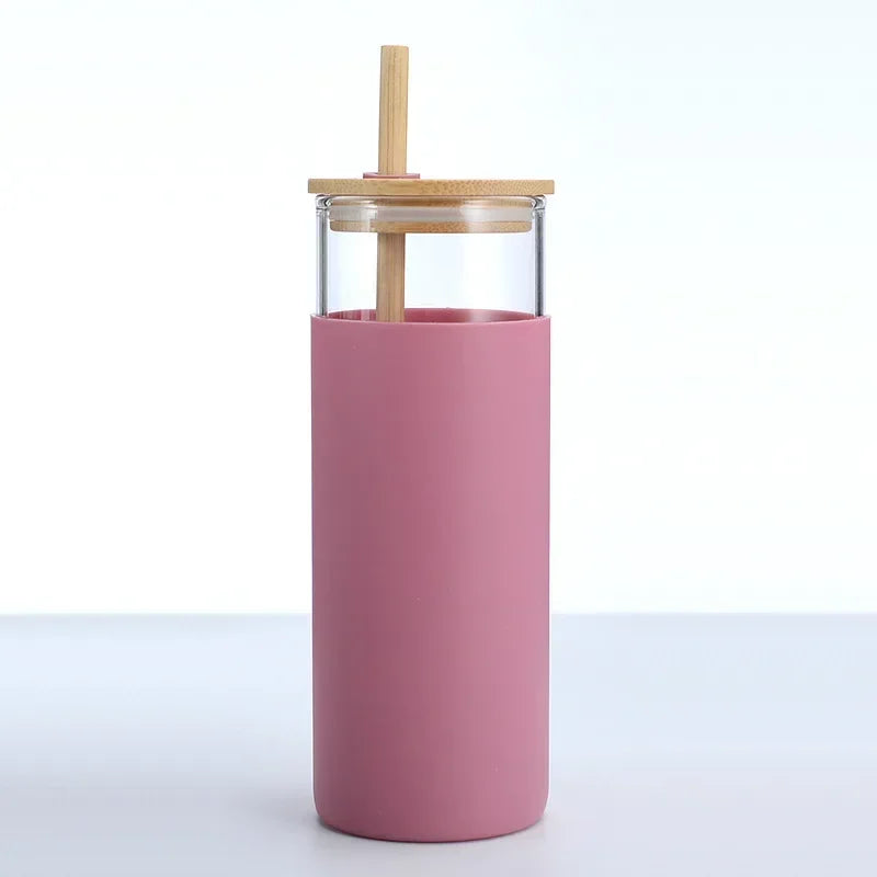 Glass Tumbler with Bamboo Lid With Random Color Cover