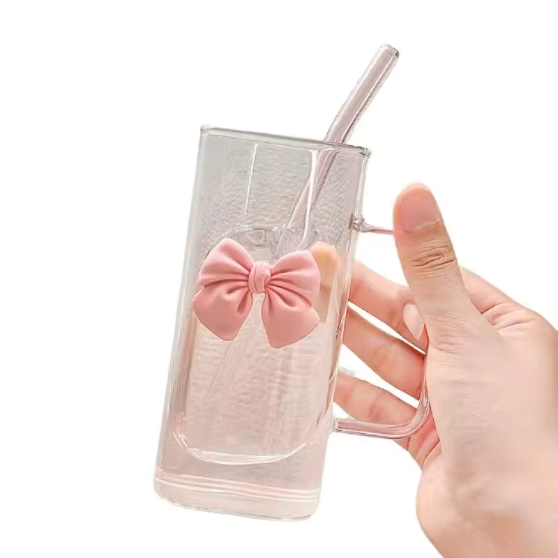 Cute Doodle Bow Glass Cup – Coffee, Tea & Juice Mug