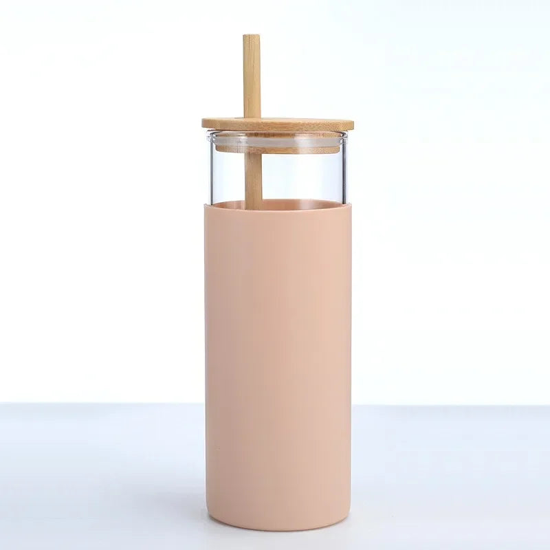 Glass Tumbler with Bamboo Lid With Random Color Cover