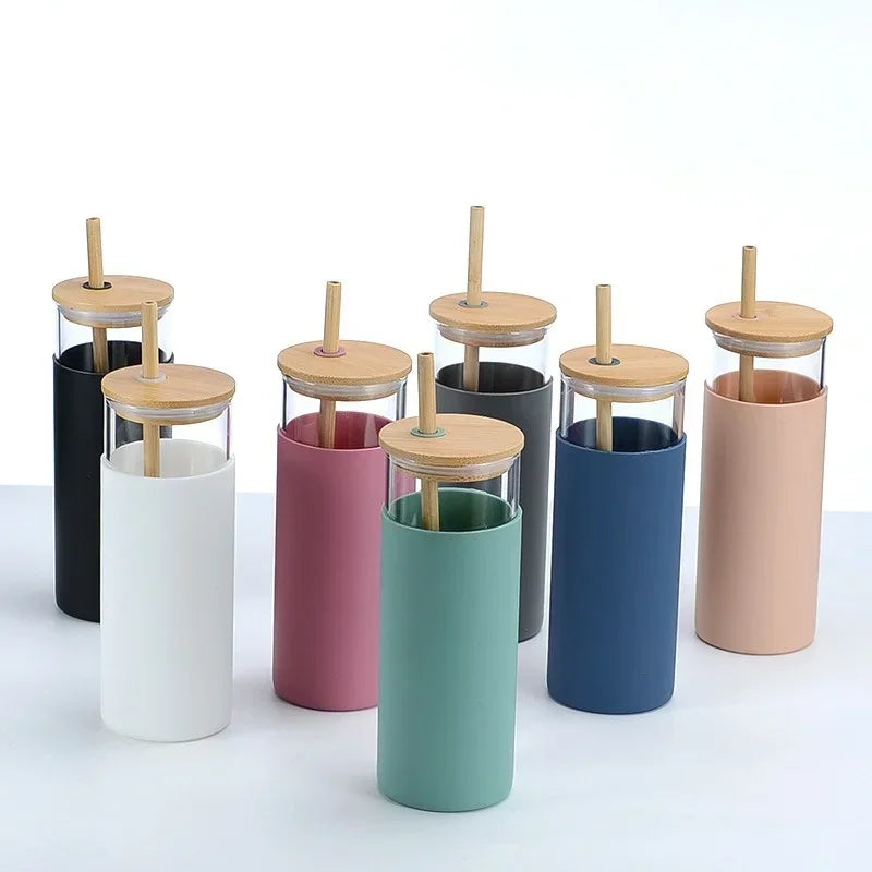Glass Tumbler with Bamboo Lid With Random Color Cover