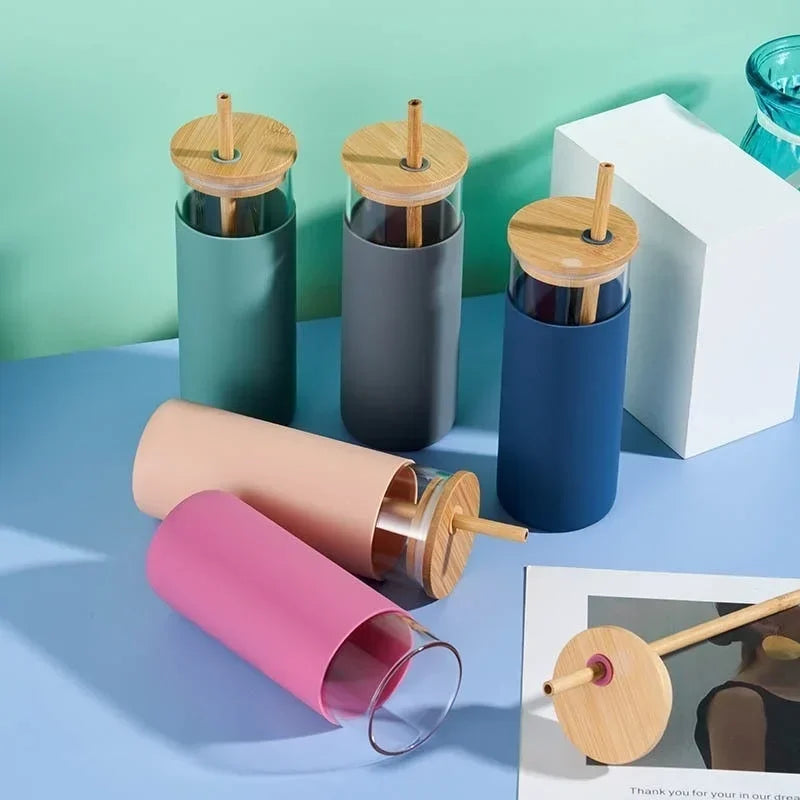 Glass Tumbler with Bamboo Lid With Random Color Cover