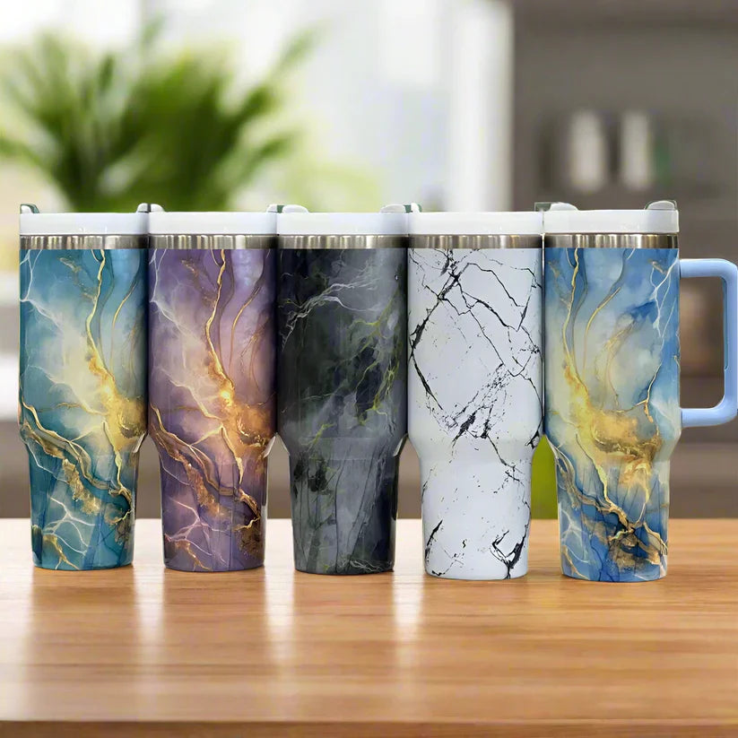 Marble Texture Stanley Style Tumbler – 40oz (1.18L) Insulated Travel Mug with Straw & Lid