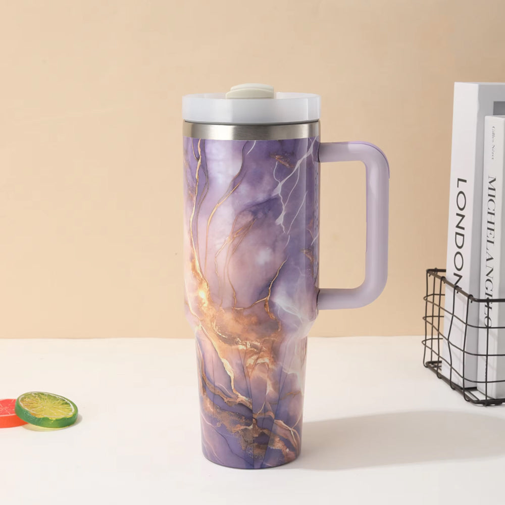Marble Texture Stanley Style Tumbler – 40oz (1.18L) Insulated Travel Mug with Straw & Lid