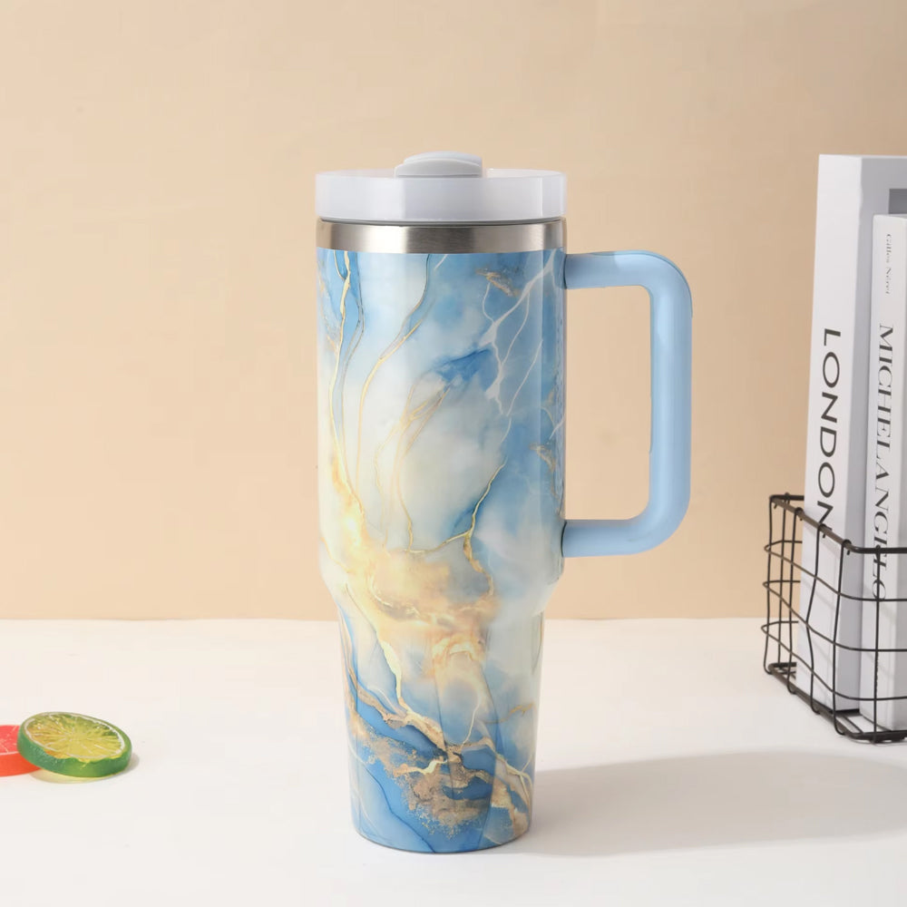 Marble Texture Stanley Style Tumbler – 40oz (1.18L) Insulated Travel Mug with Straw & Lid