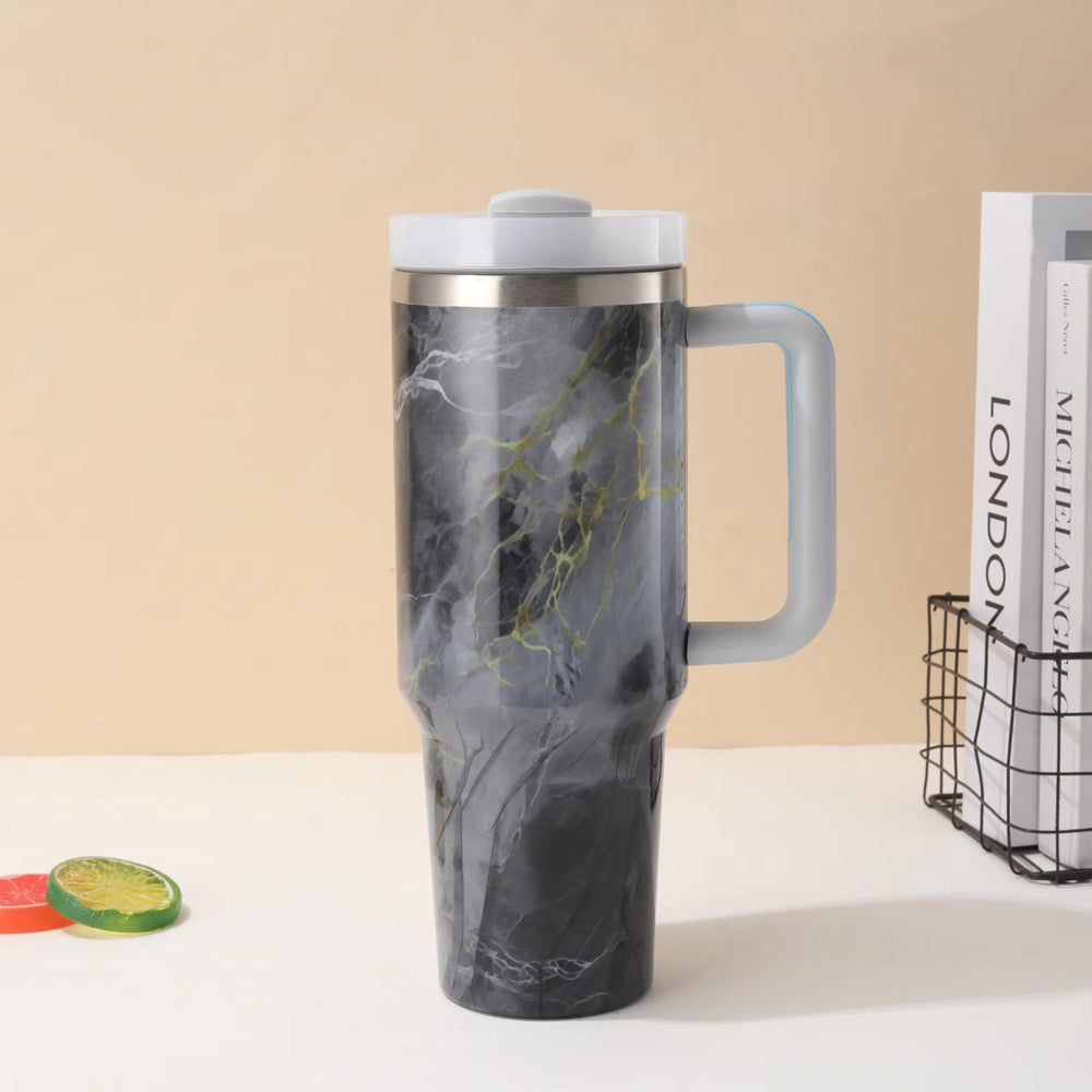 Marble Texture Stanley Style Tumbler – 40oz (1.18L) Insulated Travel Mug with Straw & Lid
