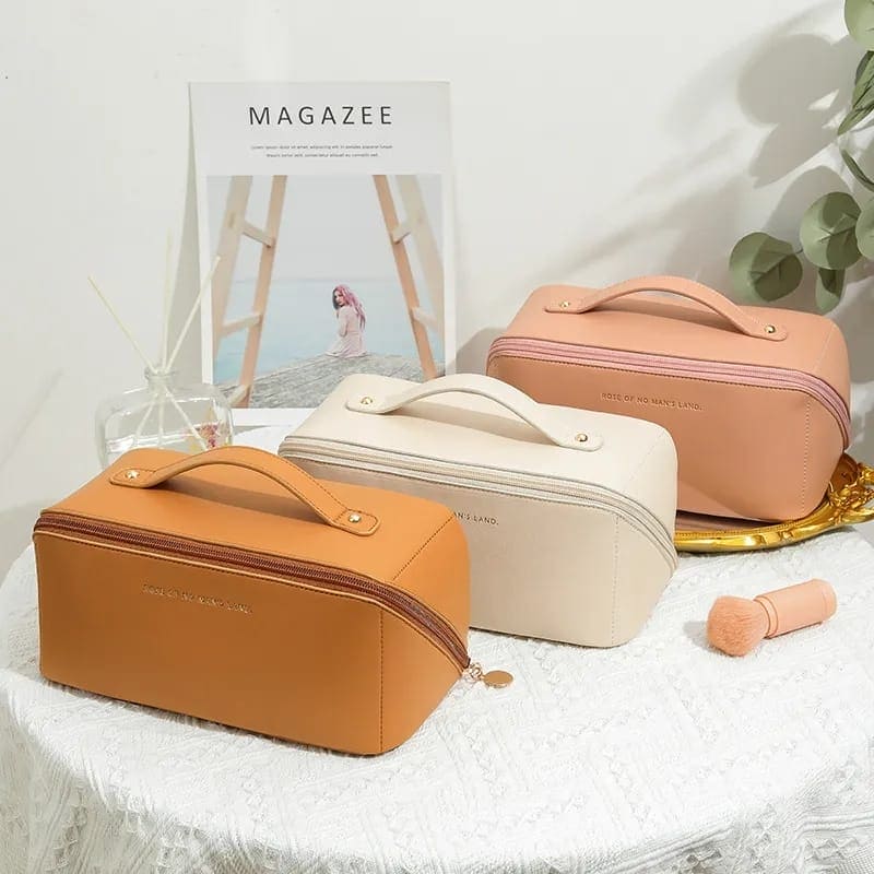 Classy Cosmetic Bag, Portable Leather Makeup Pouch, Waterproof Travel Washbag, Large Opening Makeup Bag, Multifunctional Leather Organizer Bag With Dividers And Handle, Lay Flat Large Opening Makeup Bag