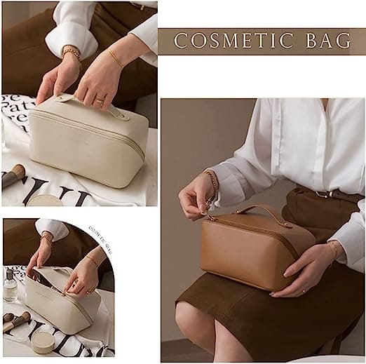 Classy Cosmetic Bag, Portable Leather Makeup Pouch, Waterproof Travel Washbag, Large Opening Makeup Bag, Multifunctional Leather Organizer Bag With Dividers And Handle, Lay Flat Large Opening Makeup Bag