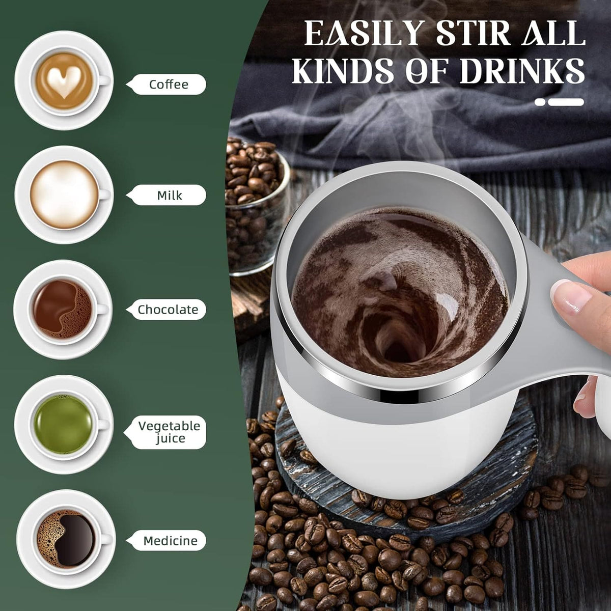 Self Stirring Coffee Mug, Automatic Magnetic Stirring Coffee Cup, 380mL Auto Mixing Mug with Lid, Rechargeable Magnetic Coffee Mug, Electric Smart Mixer Coffee Cup, Stainless Steel Self Mixing Coffee Cup, Portable Stirring Cup