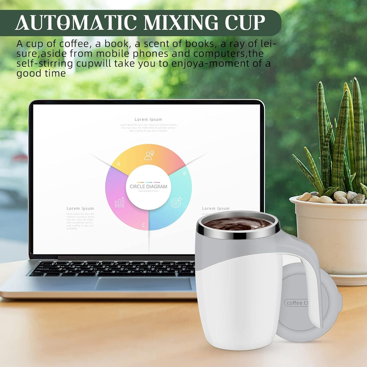 Self Stirring Coffee Mug, Automatic Magnetic Stirring Coffee Cup, 380mL Auto Mixing Mug with Lid, Rechargeable Magnetic Coffee Mug, Electric Smart Mixer Coffee Cup, Stainless Steel Self Mixing Coffee Cup, Portable Stirring Cup