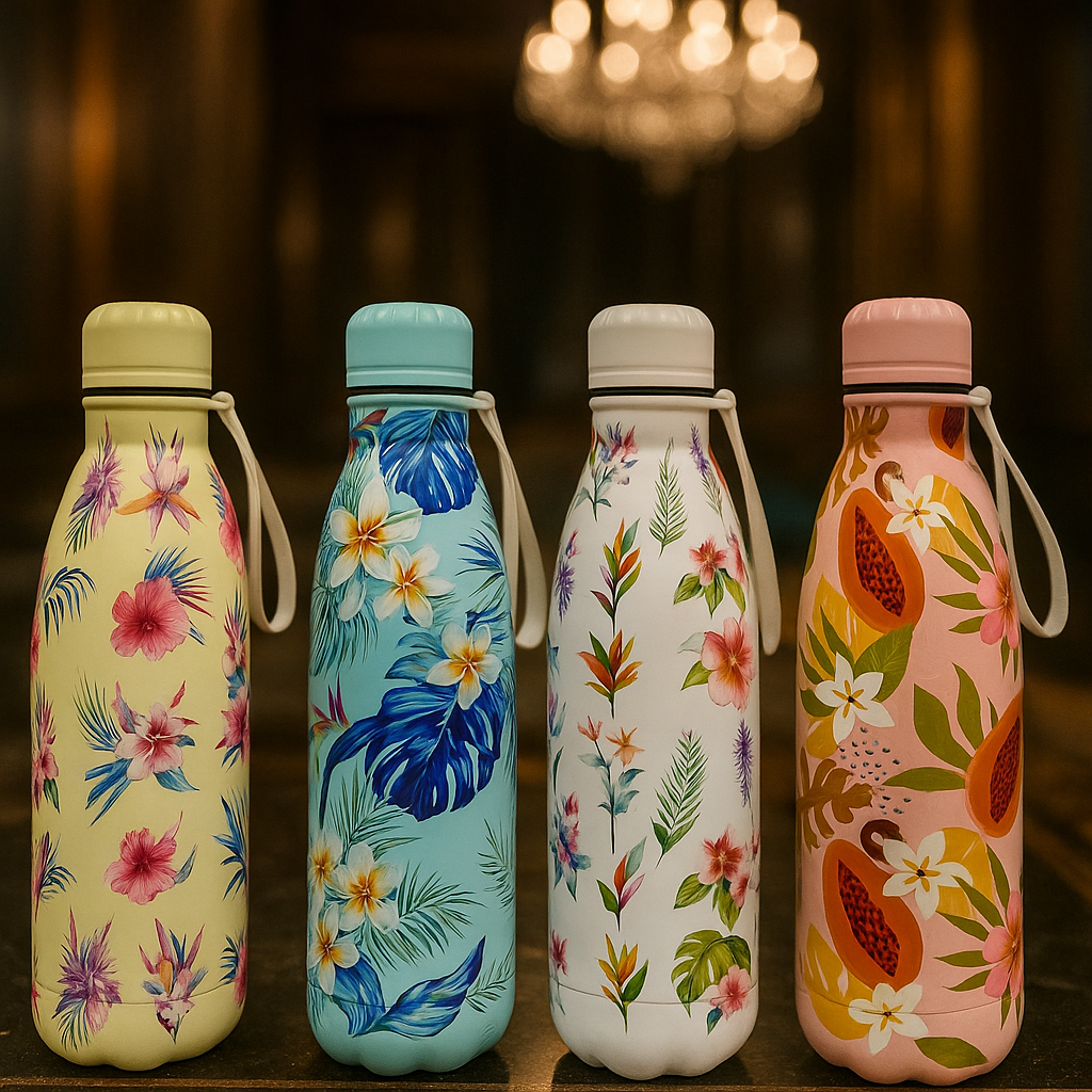 Tropical Floral Print Bottle – Stainless Steel Leakproof Flask (Random Color)