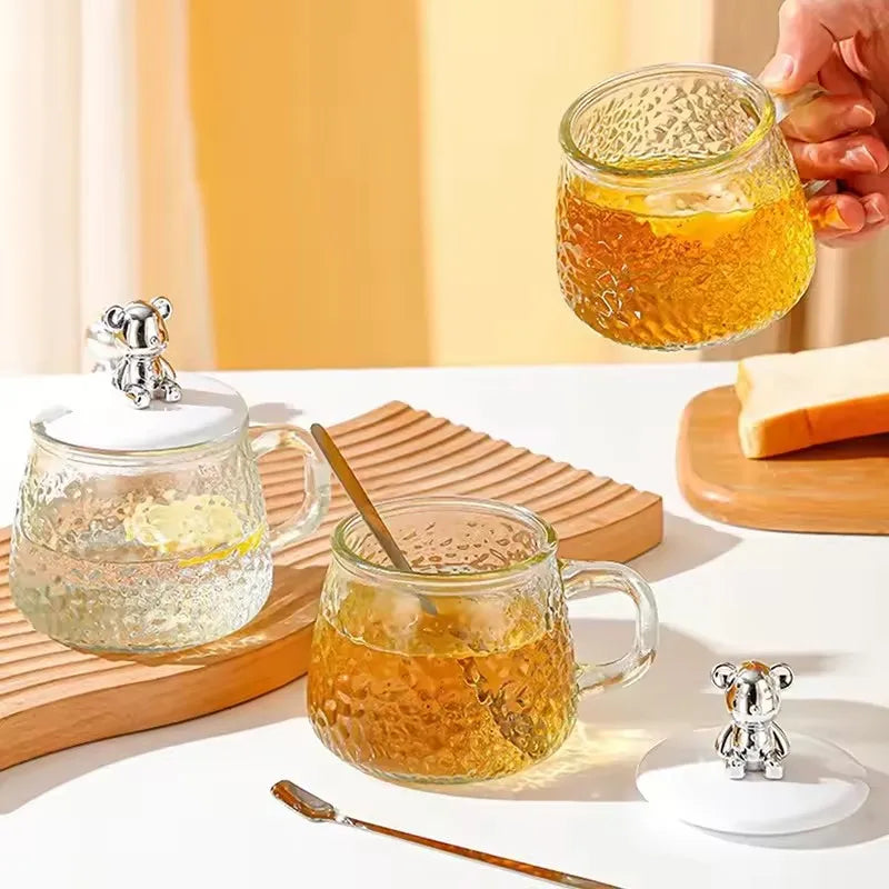 Hammered Glass Coffee Cup with Lid Set