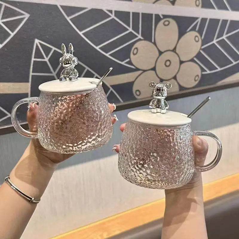Hammered Glass Coffee Cup with Lid Set