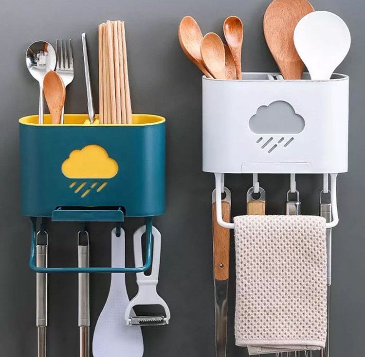 Wall Mounted Cloud Drain Rack, 2 Divided Compartments for Storage Forks, Utensils Holder Drainer Basket With Detachable Rag Rod