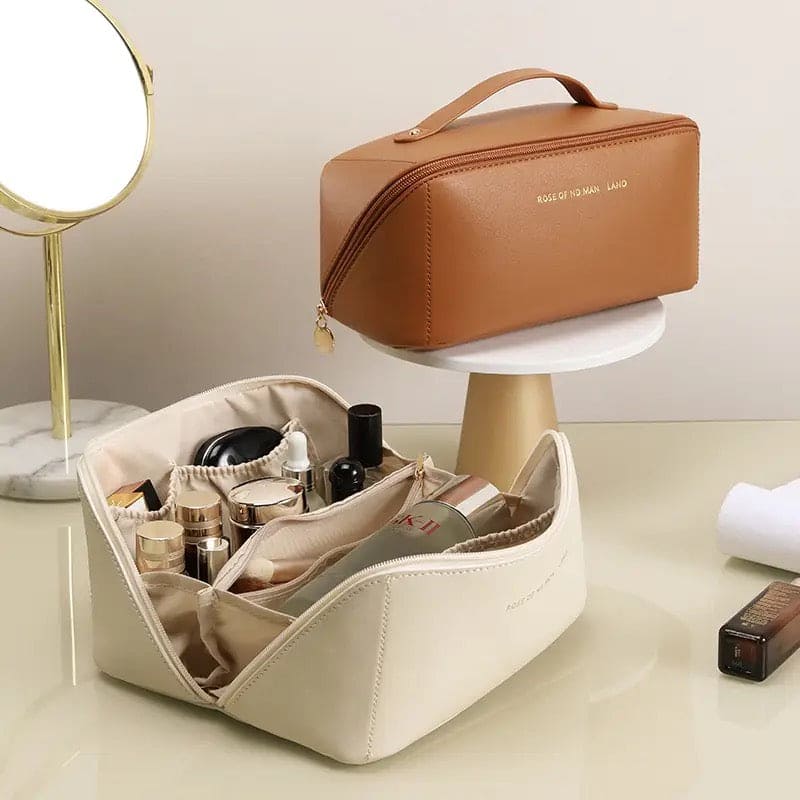 Classy Cosmetic Bag, Portable Leather Makeup Pouch, Waterproof Travel Washbag, Large Opening Makeup Bag, Multifunctional Leather Organizer Bag With Dividers And Handle, Lay Flat Large Opening Makeup Bag