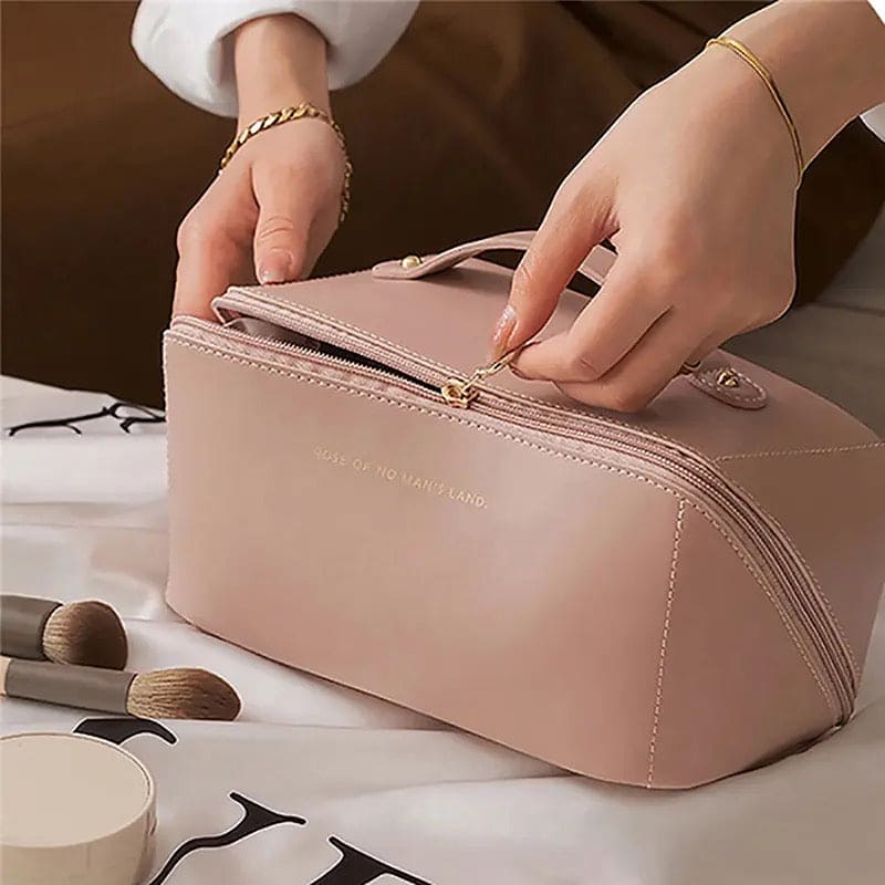 Classy Cosmetic Bag, Portable Leather Makeup Pouch, Waterproof Travel Washbag, Large Opening Makeup Bag, Multifunctional Leather Organizer Bag With Dividers And Handle, Lay Flat Large Opening Makeup Bag