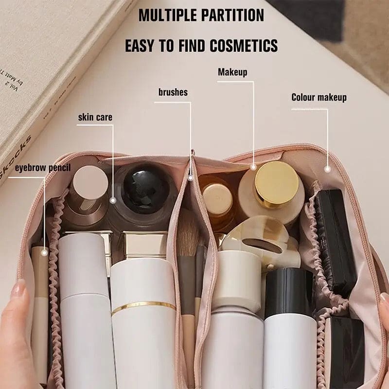 Classy Cosmetic Bag, Portable Leather Makeup Pouch, Waterproof Travel Washbag, Large Opening Makeup Bag, Multifunctional Leather Organizer Bag With Dividers And Handle, Lay Flat Large Opening Makeup Bag