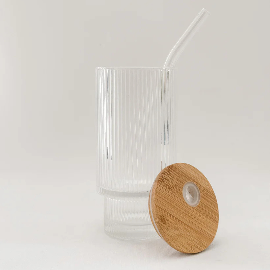 Ribbed Drinking Glasses with Bamboo Lid and Straw