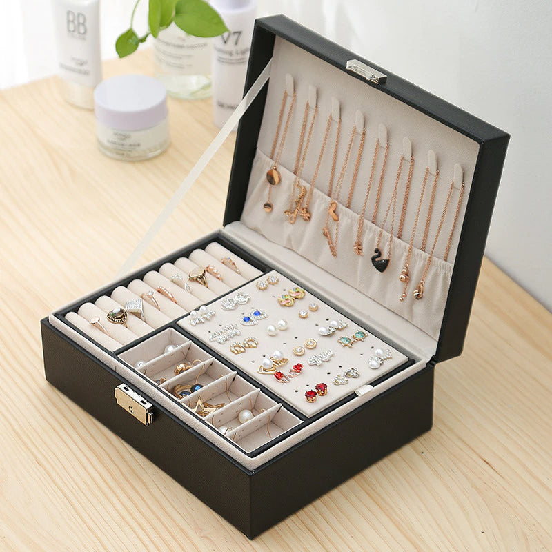 Double Layer Leather Jewellery Box, Earrings And Rings Storage Organizer, Portable Jewellery Box For Necklaces, Travel Jewelry Box Organizer with Lock, Travel Jewelry Leather Display Storage Case