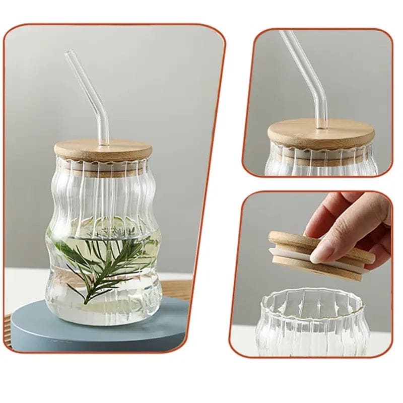 Volcano Glass Mug | Bamboo Lid & Straw – Iced Coffee, Juice & Cocktail Cup