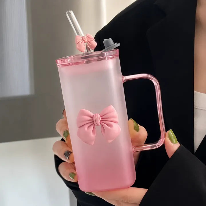 Frosted Glass Mug With Bow | Cute Aesthetic Coffee Mug 350ML