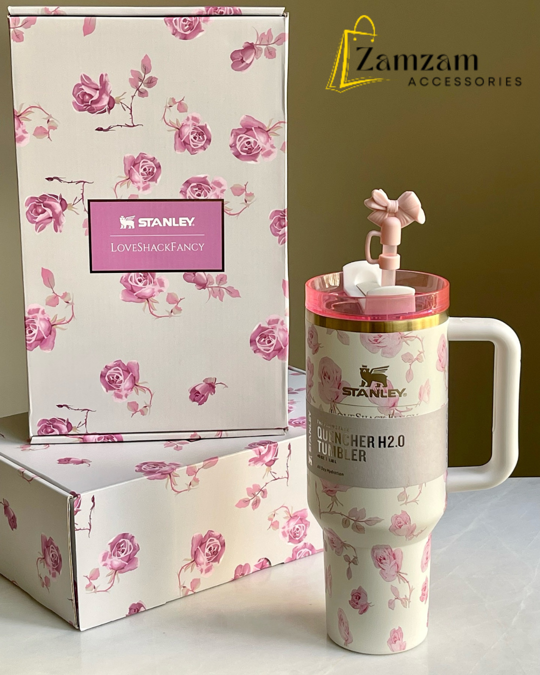 The Stanley X LoveShackFancy Holiday Quencher | 40oz – Ribbon Rosa | Premium Box Pack