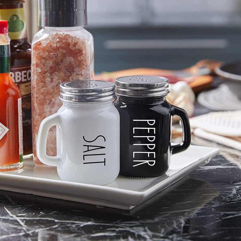Salt and Pepper Shaker Set, Glass Black and White Shaker Set with Stainless Steel Lid