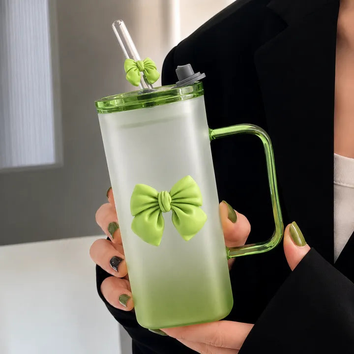 Frosted Glass Mug With Bow | Cute Aesthetic Coffee Mug 350ML