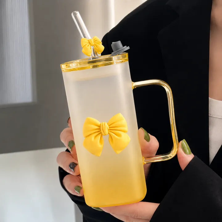 Frosted Glass Mug With Bow | Cute Aesthetic Coffee Mug 350ML