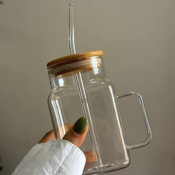 Square Glass Mug with Lid Straw - 550 ML